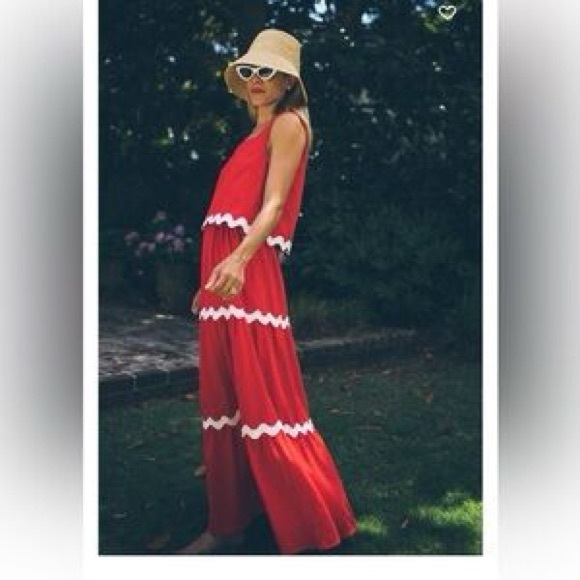 Pretty Garden Red 2 Piece Maxi Skirt Set Pockets Sleeveless Excellent Size L - Picture 7 of 7